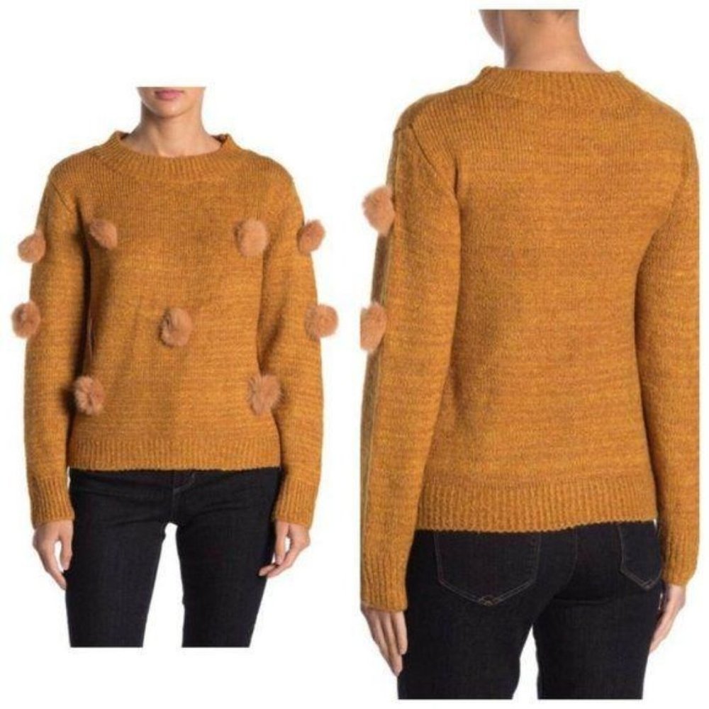 Michelle Nicole Mustard Rabbit Fur Pom Pom Sweater